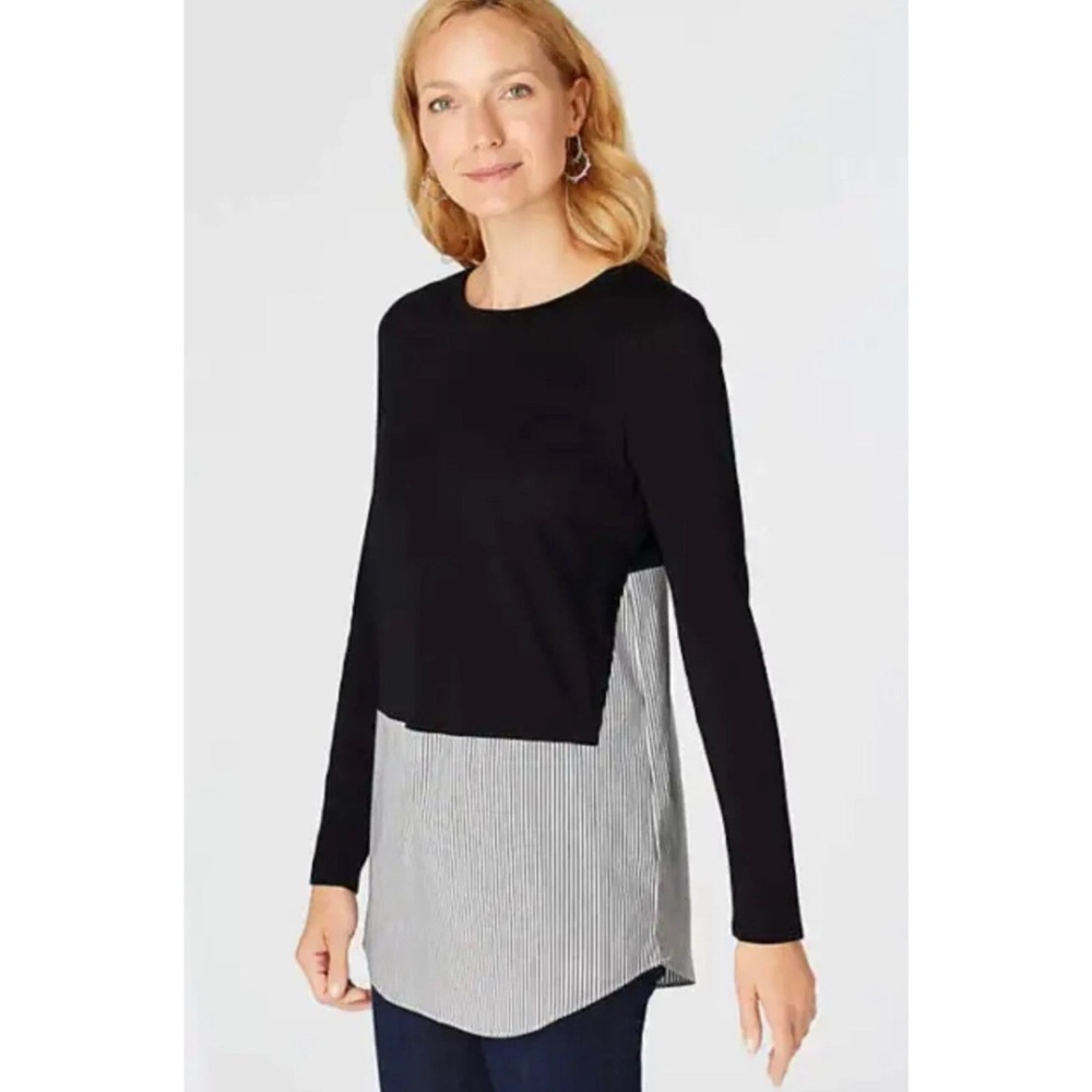 J. Jill Mixed Media Twofer Black Stripe Tunic Top Cotton Size L Tall